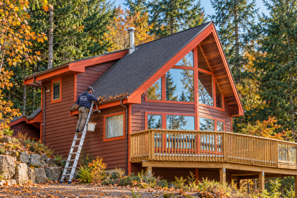 Man in an OrCal hoodie cleaning leaves from a cabin’s rain gutter on a ladder in autumn.