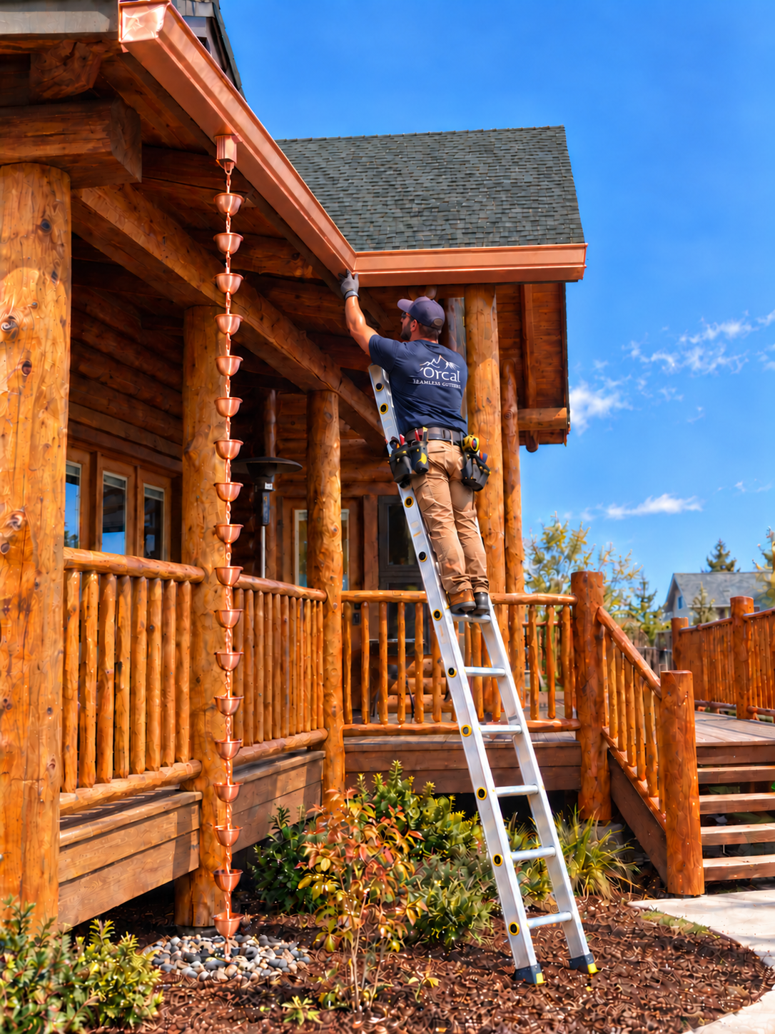 Contractor installing copper-colored seamless gutters on a log home with a copper cup rain chain.