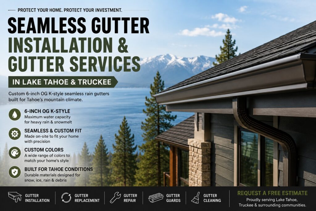 6-inch OG K-style seamless gutter installation on a mountain home in the Lake Tahoe and Truckee region