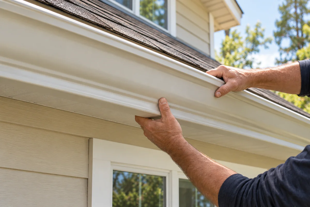 Contractor’s hands positioning a 6-inch OG K-style seamless gutter along a home’s roofline.