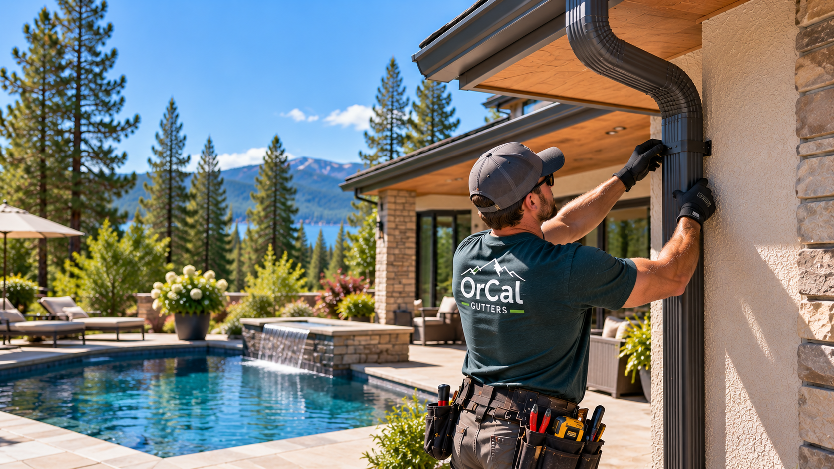 Gutter contractor inspecting and adjusting a residential downspout