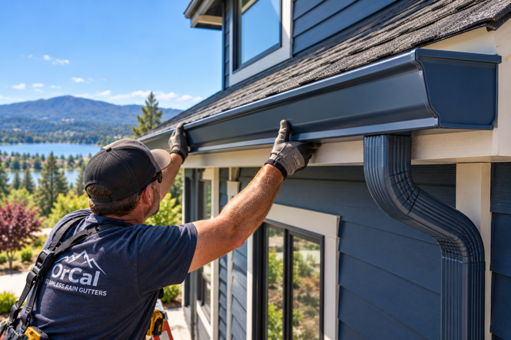 Contractor installing a blue 6-inch seamless K-style gutter on a home with dark blue siding in Northern California.