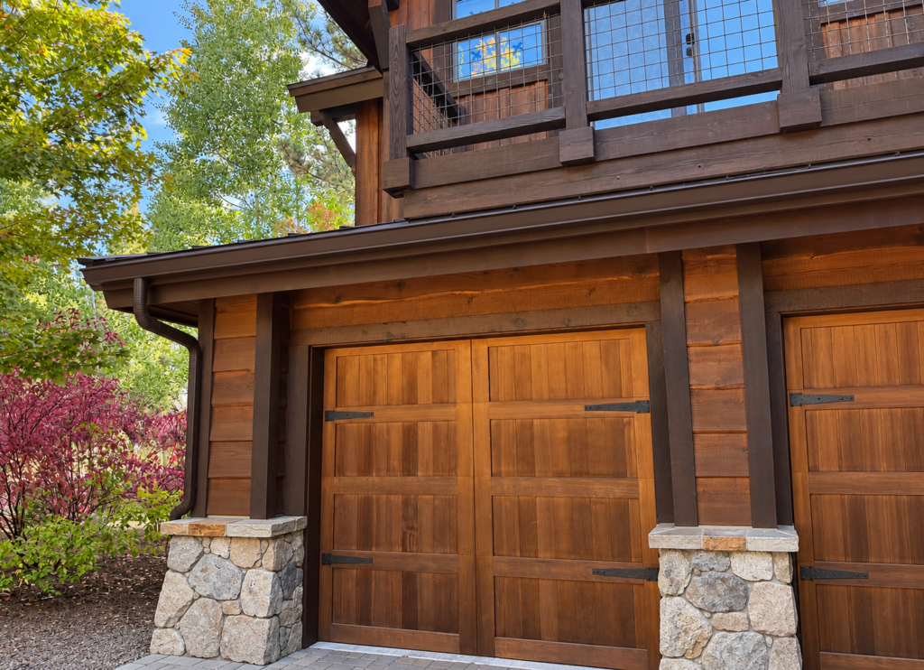 Dark brown seamless gutters and downspout above wooden garage doors on a Truckee home.